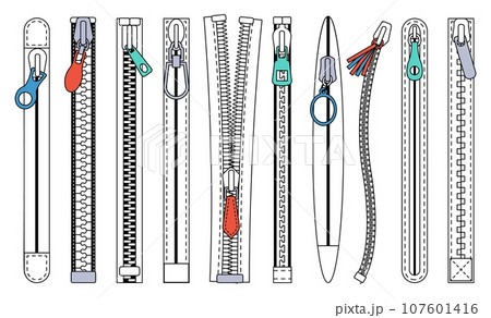 Flat zippers with pullers. Isolated zipper fastener, clothing industry and tailor elements. Clasp for children and adult clothes, decent vector set 107601416