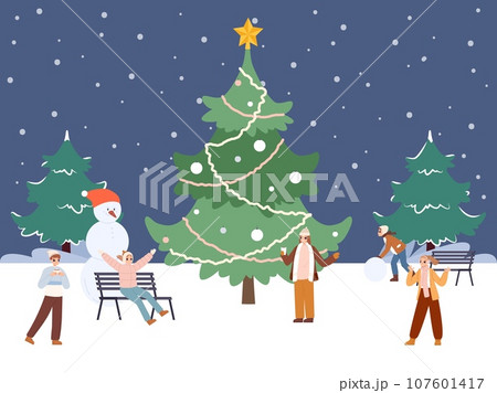 Winter walking people, meeting friends at christmas tree. Xmas or new year outdoor party in city park, happy cartoon teens vector illustration 107601417