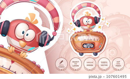 Sticker cartoon character adorable bird, pretty animal idea for print t-shirt, poster and kids envelope, postcard. Cute hand drawn style radio. Sticker cartoon character adorable bird, pretty animal idea for print t-shirt, poster and kids envelope, postcard. Cute hand drawn style radio. 107601495