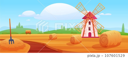 Hay rural landscape, countryside. Agriculture field with windmill and hays. Harvest time in village, farmland and road nowaday vector scene 107601529