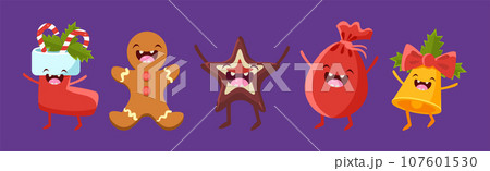 Christmas Festive Elements with Funny Smiling Face Vector Set 107601530