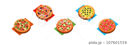 Italian Pizza Round Baked Pastry with Topping Vector Set Italian Pizza Round Baked Pastry with Topping Vector Set 107601559
