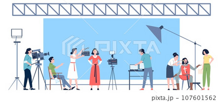 Movie production concept. Film shooting, team working on stage. Actors, operator and director. Entertainment, people making 3d films recent vector scene 107601562