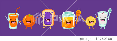 Funny Food Character with Happy Smiling Faces Vector Set Funny Food Character with Happy Smiling Faces Vector Set 107601601