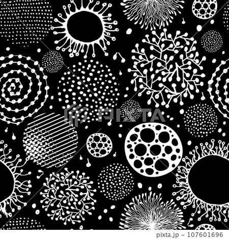 Monochrome graphic seamless background with dots and graphic elements. hand drawing. Not AI, Illustrat3. Vector illustration 107601696