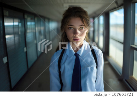 15-year-old girl wearing a white shirt and tie, standing in empty school hallway 107601721