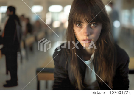 Teen school problems themes. 17-year-old girl sitting in a classroom 107601722