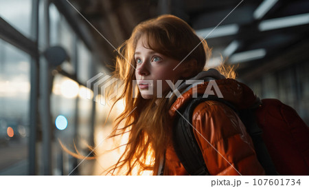 Runaway young girl stands inside a bus station with a backpack 107601734