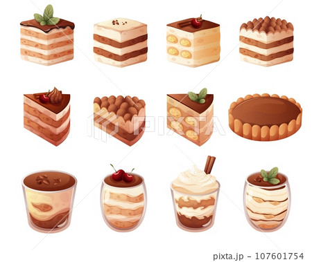 Tiramisu. Cartoon cake slices with coffee chocolate layers and berries fruits piece, sliced pie or cheese cakes italian food dessert for cafe restaurant, garish vector illustration Tiramisu. Cartoon cake slices with coffee chocolate layers and berries fruits piece, sliced pie or cheese cakes italian food dessert for cafe restaurant, garish vector illustration 107601754