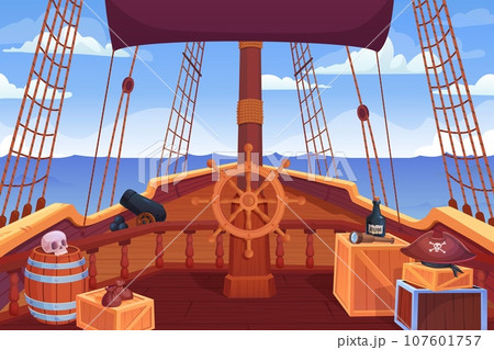 Ship deck. Pirate sailing ships board view, captain bridge entrance of wooden sailboat with steering wheel, wood barrels boxes, cartoon adventure game ingenious vector illustration Ship deck. Pirate sailing ships board view, captain bridge entrance of wooden sailboat with steering wheel, wood barrels boxes, cartoon adventure game ingenious vector illustration 107601757