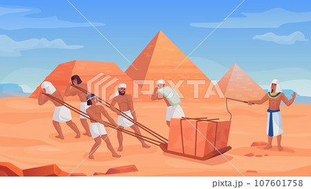 Egyptian building pyramids. Ancient construction pyramid slavery work, egypt slave labor, old africa architecture, slaves move stone geometry blocks, ingenious vector illustration Egyptian building pyramids. Ancient construction pyramid slavery work, egypt slave labor, old africa architecture, slaves move stone geometry blocks, ingenious vector illustration 107601758