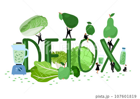 Detox cocktail with water, vegetables and fruits in the jug. Healthy diet vector illustration with little people. Fresh smoothies for healthy life. Green energetic drink 107601819