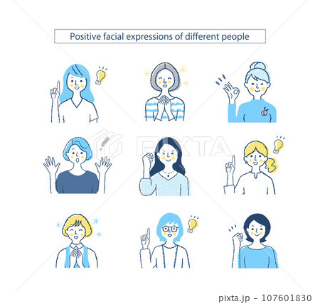 さまざまな女性の表情 ポジティブ　f1.2.3.5.6.+b 107601830