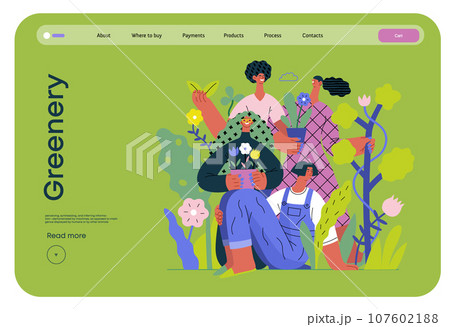 Greenery, ecology -modern flat vector concept illustration of people surrounded by plants and flowers. Metaphor of environmental sustainability and protection, closeness to nature Greenery, ecology -modern flat vector concept illustration of people surrounded by plants and flowers. Metaphor of environmental sustainability and protection, closeness to nature 107602188