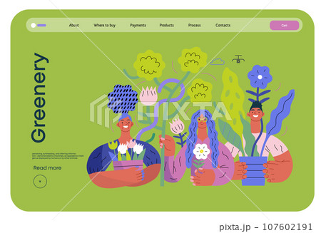 Greenery, ecology -modern flat vector concept illustration of people surrounded by plants and flowers. Metaphor of environmental sustainability and protection, closeness to nature 107602191
