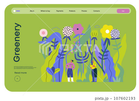 Greenery, ecology -modern flat vector concept illustration of tiny people in the grass, surrounded by plants and flowers. Metaphor of environmental sustainability and protection, closeness to nature Greenery, ecology -modern flat vector concept illustration of tiny people in the grass, surrounded by plants and flowers. Metaphor of environmental sustainability and protection, closeness to nature 107602193