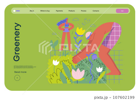 Greenery, ecology -modern flat vector concept illustration of people around the swimming pool of plants and flowers. Metaphor of environmental sustainability and protection, closeness to nature 107602199