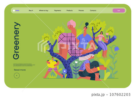 Greenery, ecology -modern flat vector concept illustration of people on a tree, surrounded by plants. Metaphor of environmental sustainability and protection, closeness to nature Greenery, ecology -modern flat vector concept illustration of people on a tree, surrounded by plants. Metaphor of environmental sustainability and protection, closeness to nature 107602203