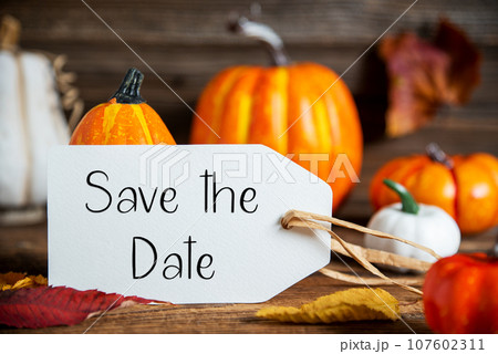 Orange Pumpkin Decoration With Label With Text Save The Date 107602311