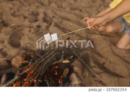 Marshmallow on stick in children's hands roasted on fire summer on beach 107602354