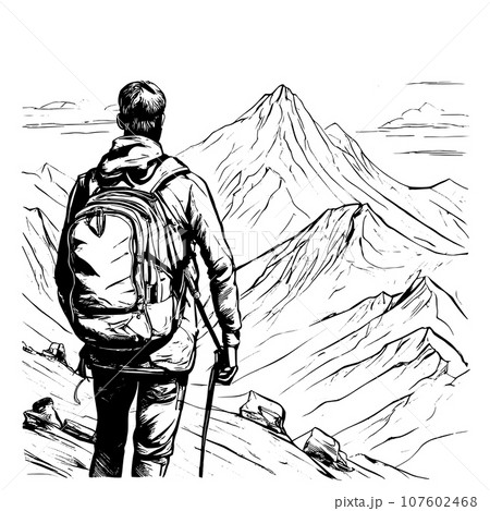 tourist with backpack vector sketch illustration. Sketch of a man with a backpack on the top of a mountain Hand drawn vector illustration 107602468