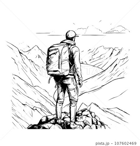 tourist with backpack vector sketch illustration. Sketch of a man with a backpack on the top of a mountain Hand drawn vector illustration tourist with backpack vector sketch illustration. Sketch of a man with a backpack on the top of a mountain Hand drawn vector illustration 107602469