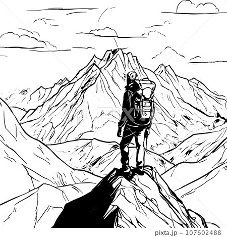 tourist with backpack vector sketch illustration. Sketch of a man with a backpack on the top of a mountain Hand drawn vector illustration 107602488