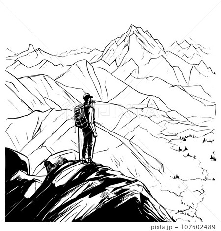 tourist with backpack vector sketch illustration. Sketch of a man with a backpack on the top of a mountain Hand drawn vector illustration 107602489