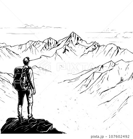 tourist with backpack vector sketch illustration. Sketch of a man with a backpack on the top of a mountain Hand drawn vector illustration 107602492