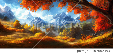 Autumn landscape with trees, mountains. Rural landscape. Autumn background. illustration . beautiful natural for thanksgiving day banner. Minimalist style. flat design 107602493