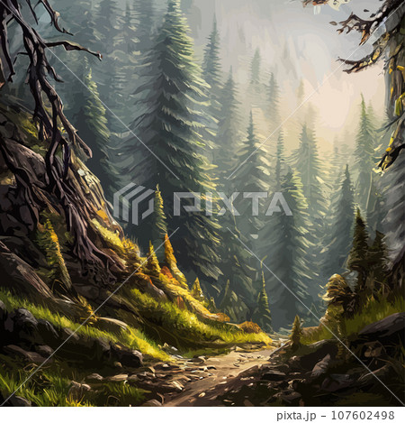 Nature and landscape. illustration trees, forests, mountains, plants. Image for background, card or cover. Illustration. Natural landscape with spruce trees. Modern minimal abstract background 107602498