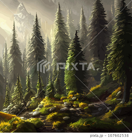 Nature and landscape. illustration trees, forests, mountains, plants. Image for background, card or cover. Illustration. Natural landscape with spruce trees. Modern minimal abstract background Nature and landscape. illustration trees, forests, mountains, plants. Image for background, card or cover. Illustration. Natural landscape with spruce trees. Modern minimal abstract background 107602538