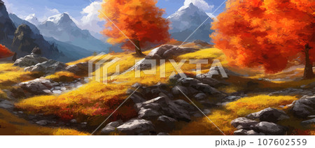 Autumn landscape with trees, mountains. Rural landscape. Autumn background. illustration . beautiful natural for thanksgiving day banner. Minimalist style. flat design 107602559