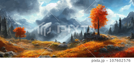 Autumn landscape with trees, mountains. Rural landscape. Autumn background. illustration . beautiful natural for thanksgiving day banner. Minimalist style. flat design Autumn landscape with trees, mountains. Rural landscape. Autumn background. illustration . beautiful natural for thanksgiving day banner. Minimalist style. flat design 107602576