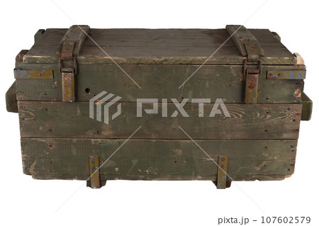 Army ammunition wooden crate. Text in russian - type of ammunition, projectile caliber, projectile type, number of pieces and weight. Army ammunition wooden crate. Text in russian - type of ammunition, projectile caliber, projectile type, number of pieces and weight. 107602579