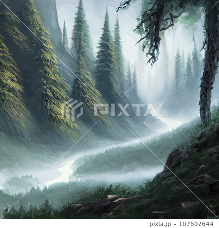 Nature and landscape. illustration trees, forests, mountains, plants. Image for background, card or cover. Illustration. Natural landscape with spruce trees. Modern minimal abstract background 107602644