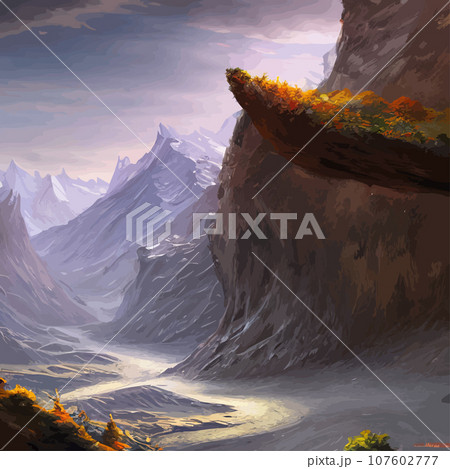 Mountain landscape. Mountain landscape. illustration. Abstract background. Fantasy theme morning landscape, sunrise mountains. landscape with blue mountains silhouettes with fog cold sunlight 107602777