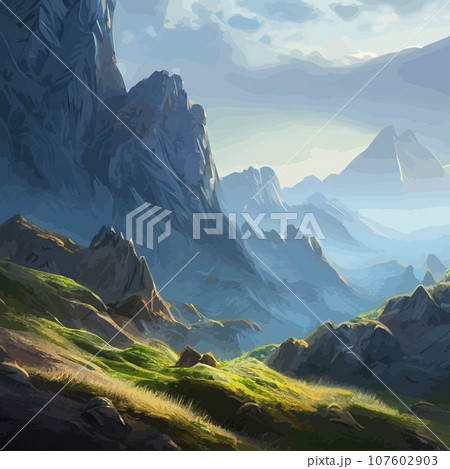 Mountain landscape. Mountain landscape. illustration. Abstract background. Fantasy theme morning landscape, sunrise mountains. landscape with blue mountains silhouettes with fog cold sunlight 107602903