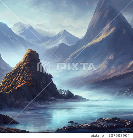 Mountain mature silhouette element outdoor icon snowy ice peaks and decorative, Realistic illustration of mountain landscape with hill and forest with coniferous trees Mountain mature silhouette element outdoor icon snowy ice peaks and decorative, Realistic illustration of mountain landscape with hill and forest with coniferous trees 107602904