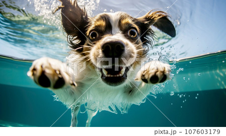 Funny dog jumping into the swimming pool with splashes of water. 107603179