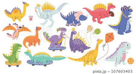 Adorable Dinosaur Characters, Playful, Colorful Children Designs, Featuring Friendly Vibrant Dinos In Various Poses Adorable Dinosaur Characters, Playful, Colorful Children Designs, Featuring Friendly Vibrant Dinos In Various Poses 107603403