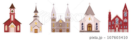 Stunning Collection Of Catholic Churches Showcasing Architectural Beauty And Spiritual Sanctity. Medieval Buildings Set 107603410