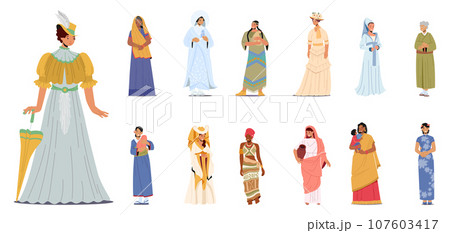 Set Of Female Characters Wearing Historical Costumes. Women Dressed As Victorian Lady, Wear Native American, Indian Set Of Female Characters Wearing Historical Costumes. Women Dressed As Victorian Lady, Wear Native American, Indian 107603417