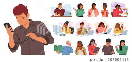 Set Of Male And Female Characters With Vision Problems Experience Blurred Vision, Difficulty Focusing, Vector Set Of Male And Female Characters With Vision Problems Experience Blurred Vision, Difficulty Focusing, Vector 107603418