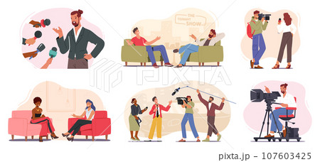 Set Of Characters Participate In Captivating Tv Show. Anchorpersons, Journalists, Guests Communicate In Vibrant Studio 107603425