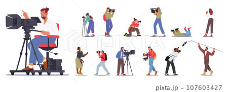 Group Of Characters Holding Photo And Video Cameras, Capturing Moments With Enthusiasm, Vector Illustration 107603427