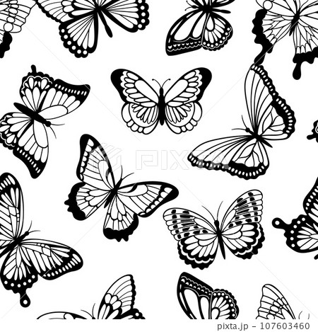 Seamless Pattern Featuring Graceful Black Butterfly Silhouettes On A White Background. Monochrome Tile Ornament 107603460