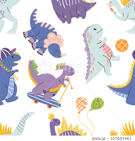 Vibrant And Playful Seamless Pattern Featuring Adorable Dinosaurs In Various Poses And Colors, Play with Balls 107603461