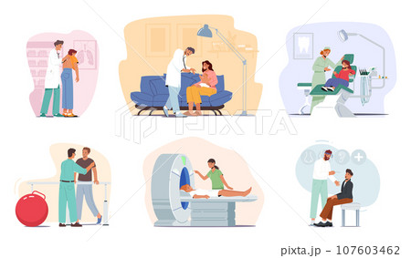 Doctor Character Attentively Listens To Concerned Patients. Pulmonologist, Otolaryngologist, Dentist 107603462