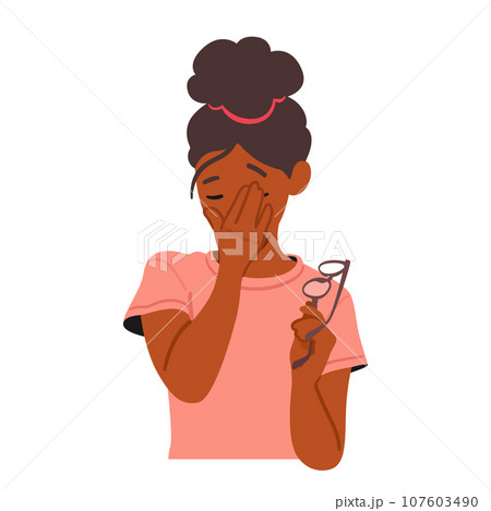 Young Girl With Glasses Rubs Her Tired Eyes, Showcasing The Universal Struggle Of Eye Strain And Fatigue Young Girl With Glasses Rubs Her Tired Eyes, Showcasing The Universal Struggle Of Eye Strain And Fatigue 107603490